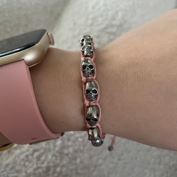 King Baby Studio Macrame Skull Bracelet Silver Skull Bracelet with Pink Cord - Picture 2 of 4